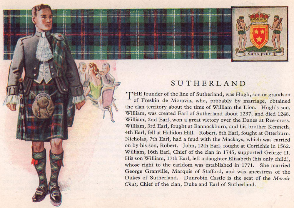 Sutherland. Scotland Scottish clans tartans arms 1957 old vintage print
